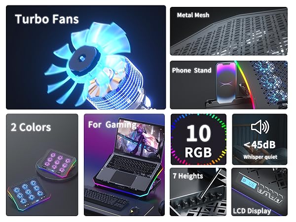 9 turbo fans,10 RGB lights,whisper quiet, LCD display, perfect for gaming &amp;amp; working, phone stand