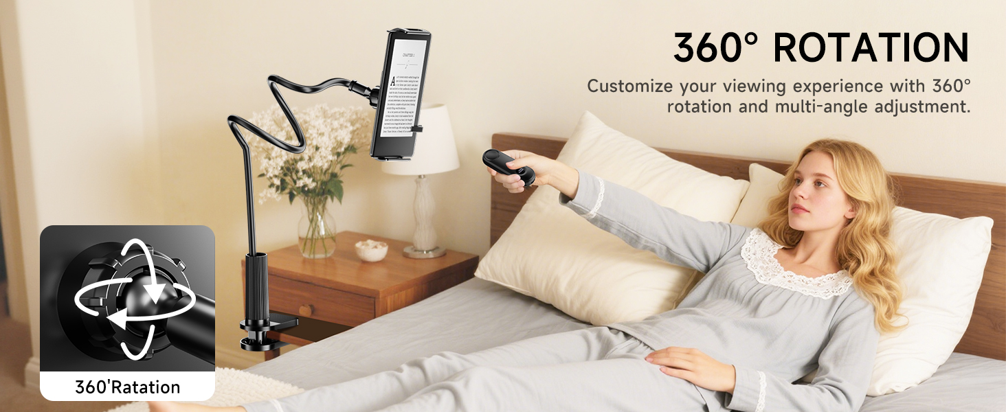 Text reads '360° ROTATION'. Product demonstration showing rotating functionality of a device mounted above a surface.