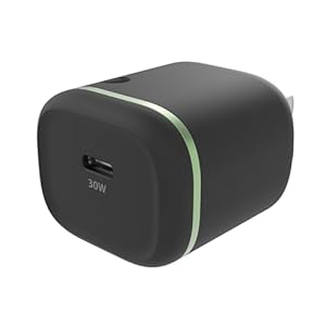 single port 30W USB-C power adaptor, black with a green stripe