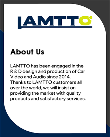 LAMTTO company 'About Us' text panel describing their involvement in car video and audio production since 2014.