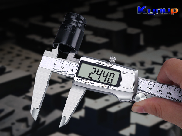Digital caliper display showing measurement reading of 24.48. Multiple views of precision measuring tool being used on mechanical parts.