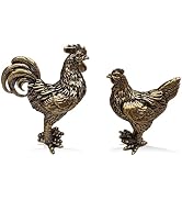 2Pcs Brass Rooster&amp; Hen Statue Decor, Retro Mini Copper Rooster Figurine Home Decoration for Livi...