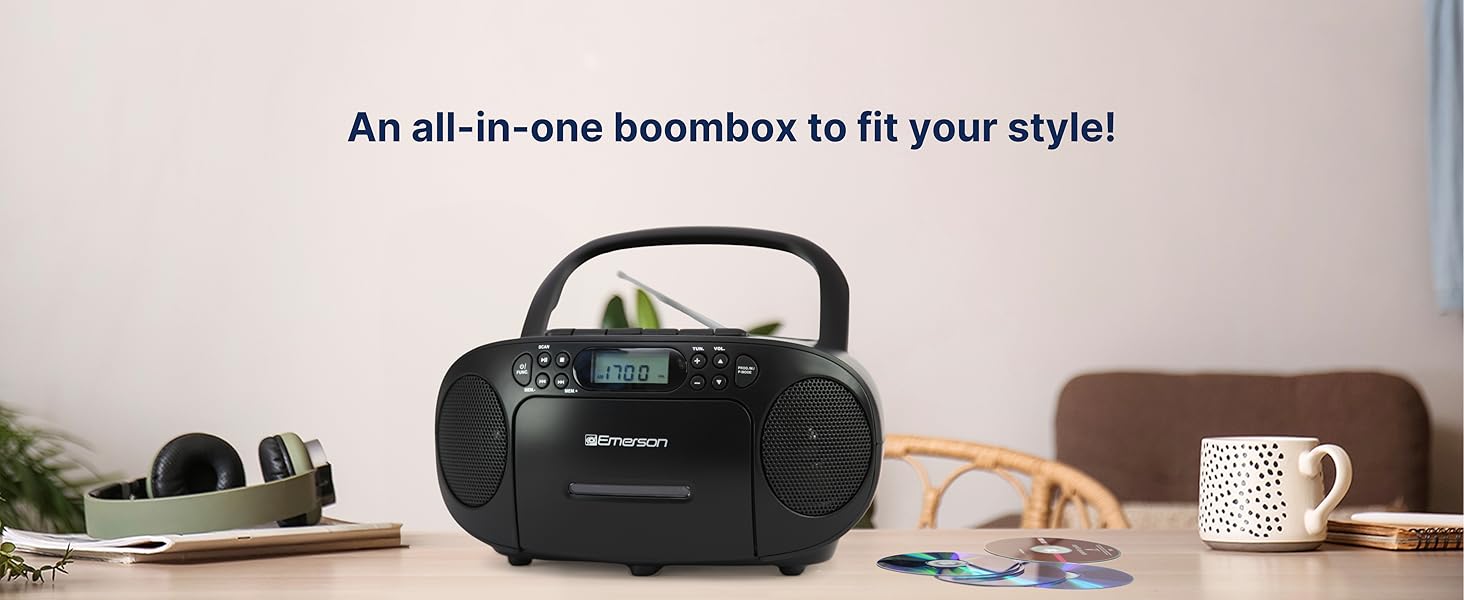 Emerson EPB-3003 playing music on table in living room, basement, game center at home, in dorm room.