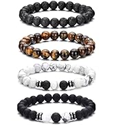 RANKEEF Tiger Eye Bracelet For Men 8MM Natural Stone Beads Bracelet Set Stretch Lava Rock Bracele...