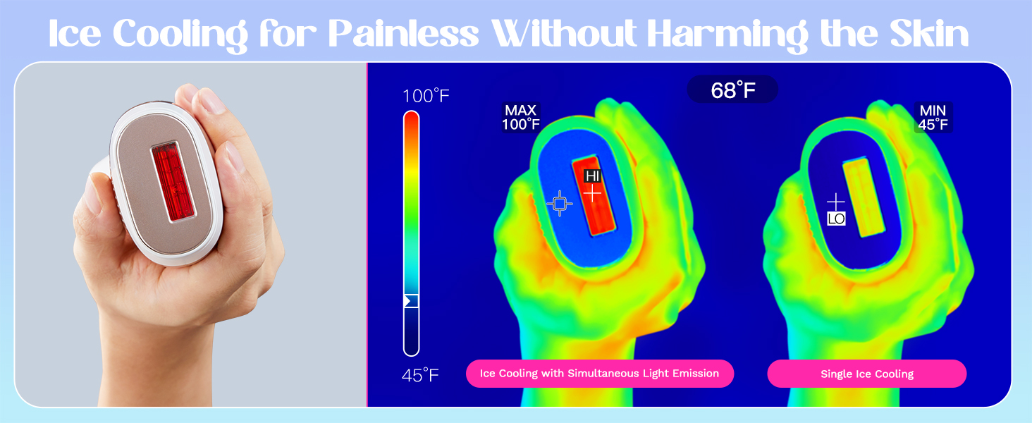 Handheld cooling device with thermal imaging showing temperature reduction on skin. Device has oval shape with red center. Thermal images display temperature ranges from 102°F to 58°F.