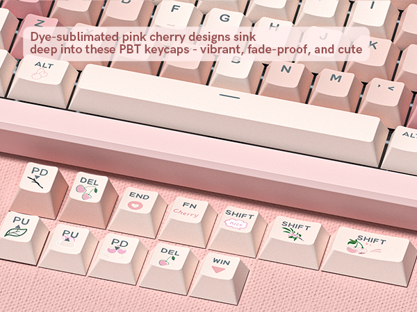 Dye-sublimated pink cherry designs sink deep into these PBT keycaps -vibrant, fade-proof, and cute