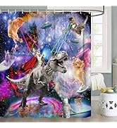 JAWO Funny Cat Shower Curtain, Cool Dinosaur Japanese Ocean Wave Shower Curtain, Cat Riding Dinos...