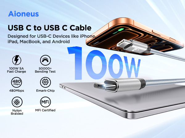 USBC to USBC Cable PD 100W 5A Super Fast Charging Braided Cord