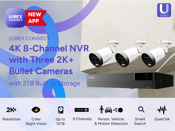 Lorex Connect 4K 8 Channel PoE NVR with Three 2K+ Bullet Cameras