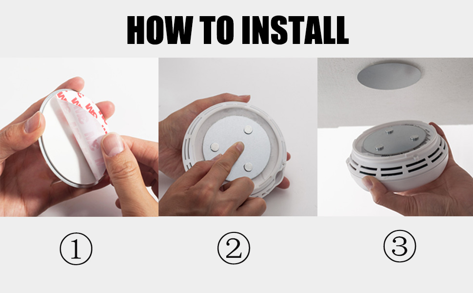 Installation guide for circular device: 1) Remove protective cover, 2) Press device to ceiling, 3) Circular device installed on ceiling, showing vents and central button.