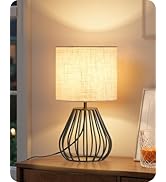 GOEBLESON Small Bedside Table Lamp, Black Table Lamp with Metal Cage &amp; Linen Lampshade, Modern Cu...