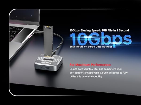 10Gbps high speed M2 to USB C adapter for fast 4K video transfer and large file backup.