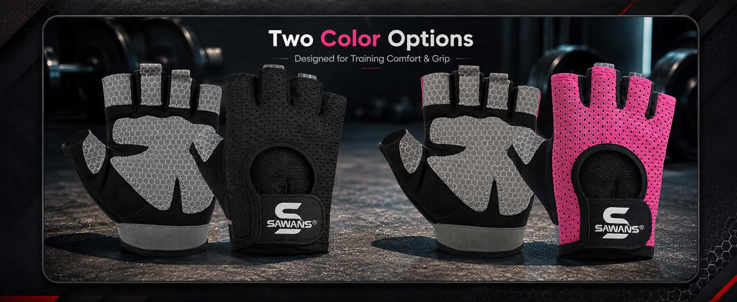 Text reads 'Two Color Options'. Product display showing black and hot pink/magenta fingerless sports gloves with embroidered logo designs, laid flat side-by-side for color comparison.