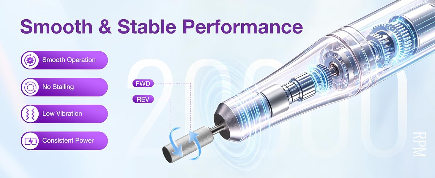 PYRYSA Electric Nail Drill Forward Reverse Rotation No Stalling Consistent Power Low Vibration