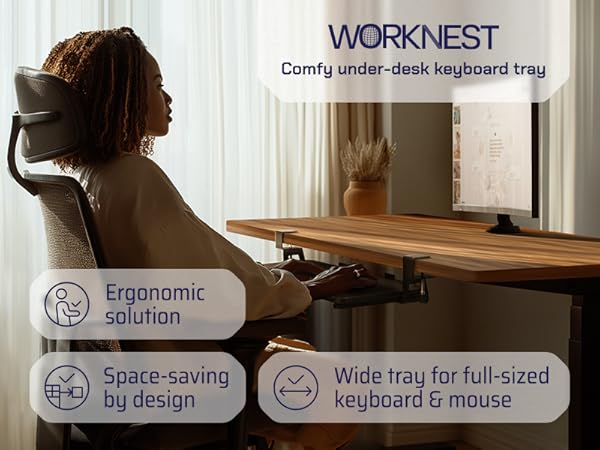 An ergonomic keyboard shelf under desk sliding tray to maximize workspace and comfort.