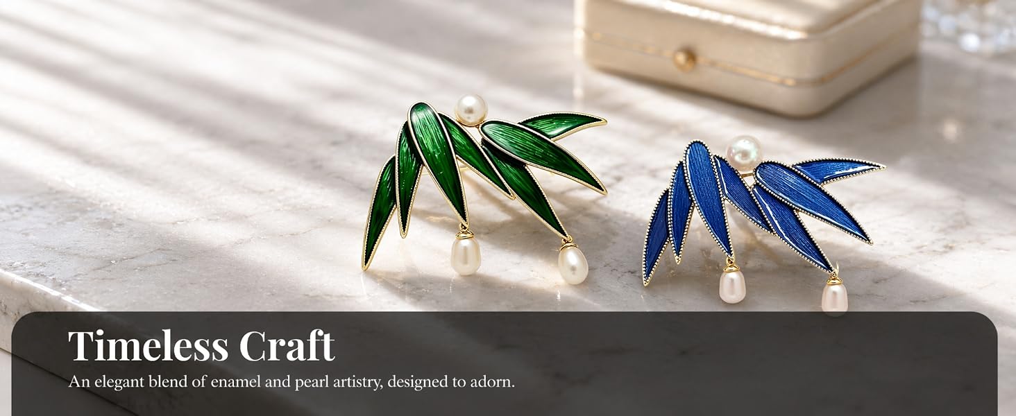 Gold Plated Enamel Bamboo Leaf Brooch for Women,