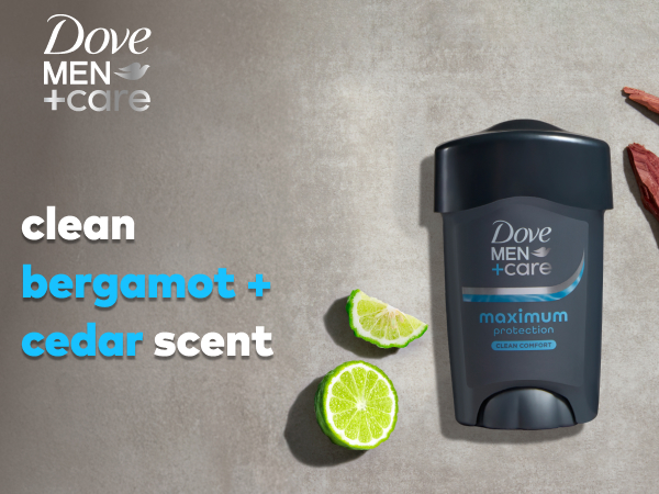 Dove Men+Care logo above text, soft solid stick &amp; visual scent representations of bergamot &amp; cedar.