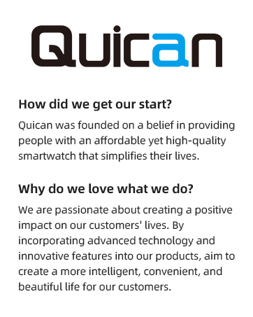 Text image for Quican, describing the company's start and mission to provide affordable smartwatches that simplify lives using advanced technology.