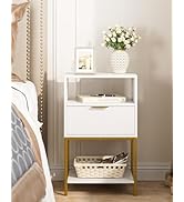 AEPOALUA Nightstand, Modern Bedside Table with Gold Frame, 25.51inch Tall End Table,White Night S...