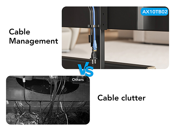 Text reads 'Cable Management' and 'Cable clutter'. Series of images showing cable management solutions with blue accents against dark backgrounds.