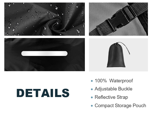 Close-up images of black waterproof fabric, adjustable buckle, reflective strap, and compact storage pouch, with product details listed below.
