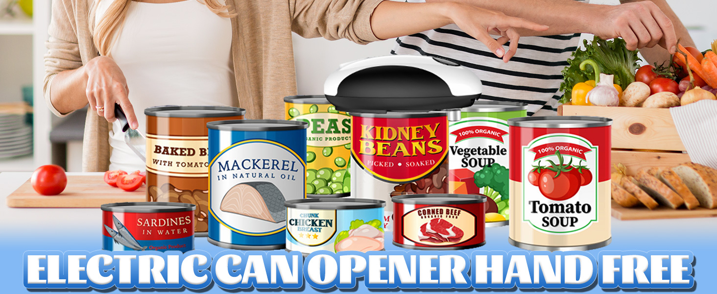 Text reads 'ELECTRIC CAN OPENER AND FREE'. Collection of food product packaging and cans arranged in promotional display format.