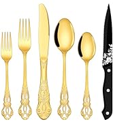 EUIRIO 48 Pieces Retro Royal Silverware Set for 8, Gorgeous Gold Flatware Set with Steak Knives, ...