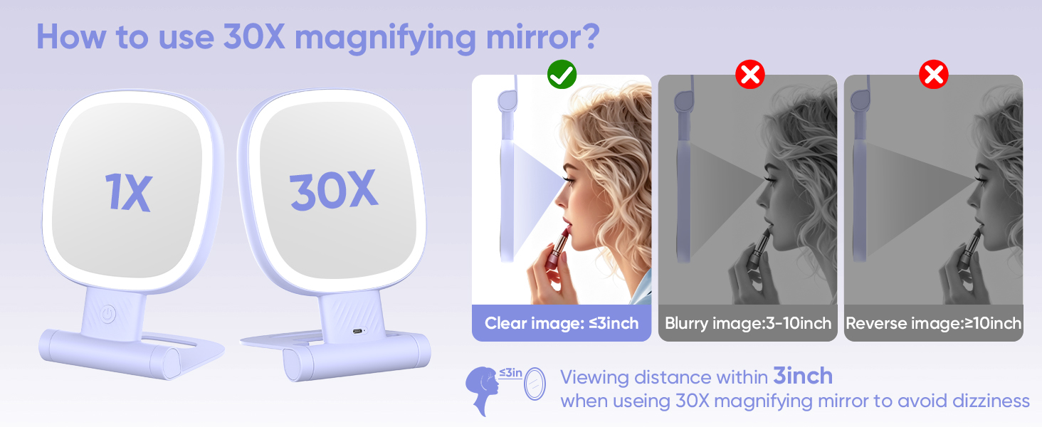 Using tips of portable 10X/30X lighted makeup mirror