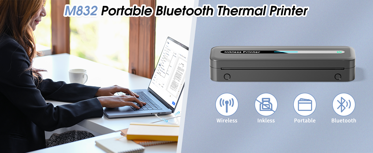 portable printers wireless for travel thermal bluetooth inkless 300dpi M832 phone laptop compact
