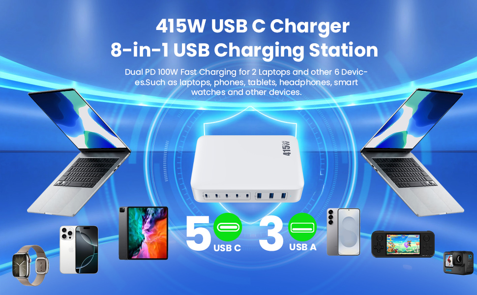 USB C Charger Block,8-Port Charging Station GaN Fast Charging Type C &amp; USB A Wall Charger Adapter 