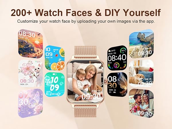 Text reads "200+ Watch Faces &amp; DIY Yourself" "Customize your watch face by uploading your own images via the app". Smartwatch display showing various customizable watch face designs and DIY personalization options.