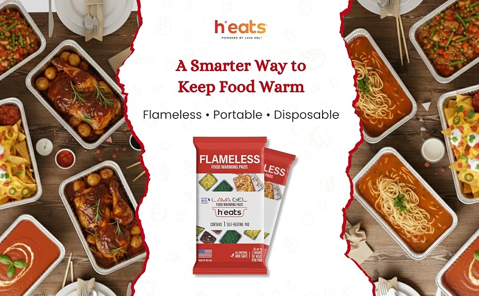 heats Lava Gel flameless food warming pads with assorted hot meals in catering pans