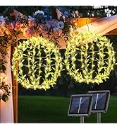Solar Powered Hanging Iron Sphere Lights with Artificial Greenery – 12Inch 120 LED Waterproof Out...