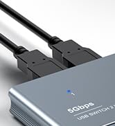 Black USB cables connecting to a gray electronic device or adapter with a small blue indicator light.