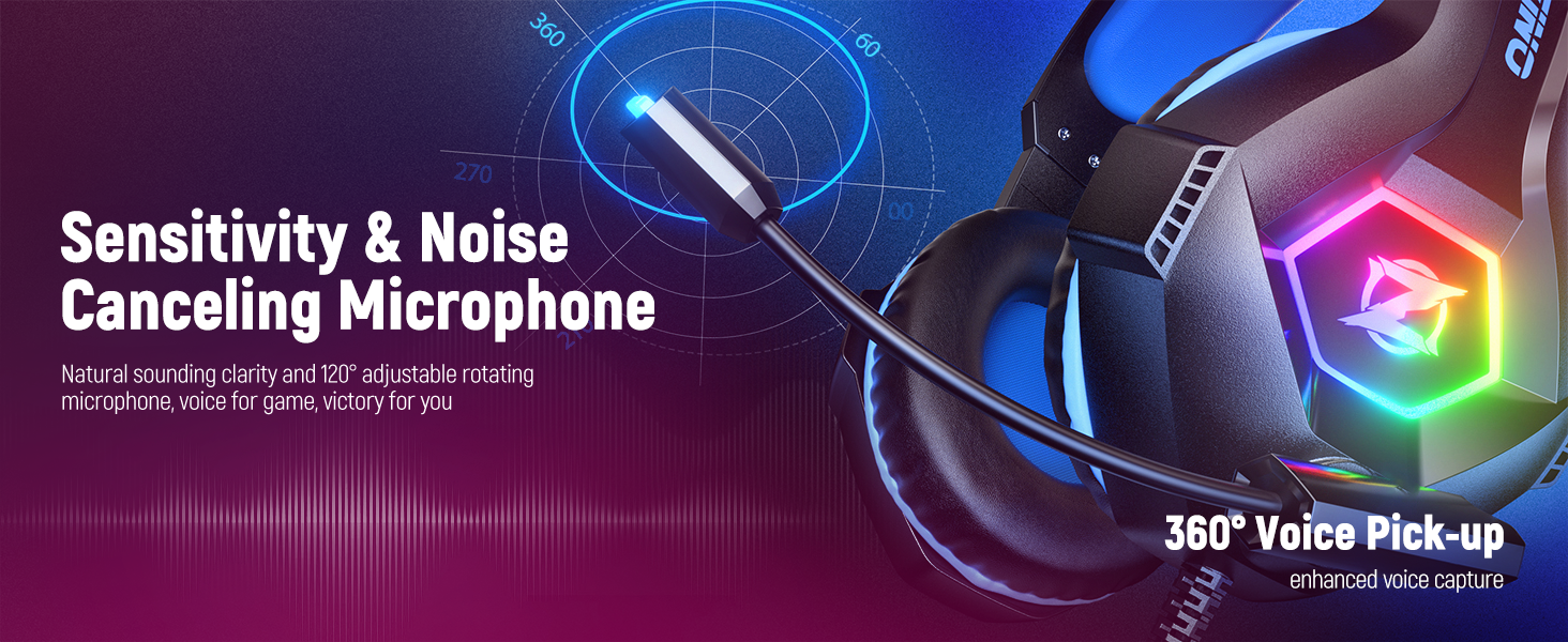Gaming headset with RGB lighting, noise-canceling microphone, and 360° voice pickup. Features include sensitivity adjustment and blue accents on a black design.