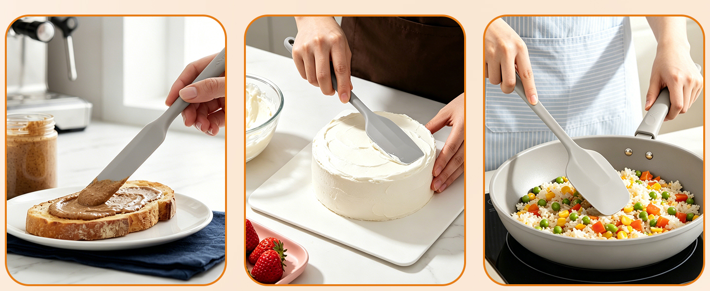 Silicone spatula spreads toast frosting, cakes, and stirs fried rice