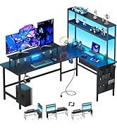HLDIRECT L Shaped Gaming Desk with LED Light &amp; Power Outlet, 59 Inch Reversible Corner Computer D...