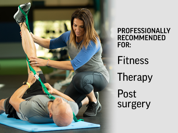 man using stretch out strap while woman helps him