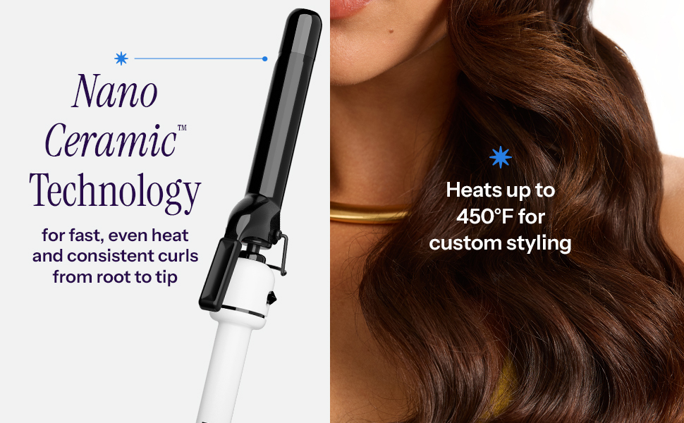 fast even heat and consistent curls from root to tip, heats up to 450 degrees