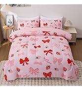 Btargot 5 Piece Blush Bowknot Comforter Set for Girls Kids, Twin Size Cartoon Strawberries Bow Ti...