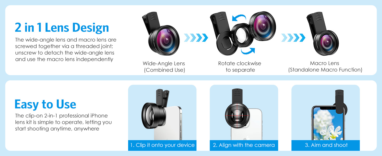 Phone Camera Lens, 0.45X Super Wide Angle Lens 15X Macro Clip-On 2 in 1 Professional iPhone Lens Kit