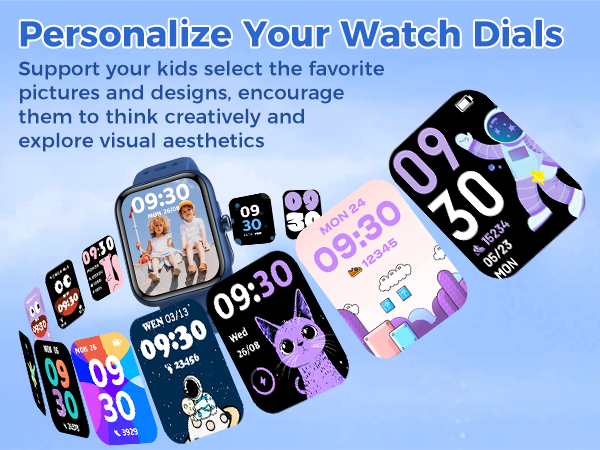 Collection of smartwatch faces featuring various designs including animals, numbers, and colorful patterns. Text encourages personalizing watch dials to support children's creativity and visual exploration.