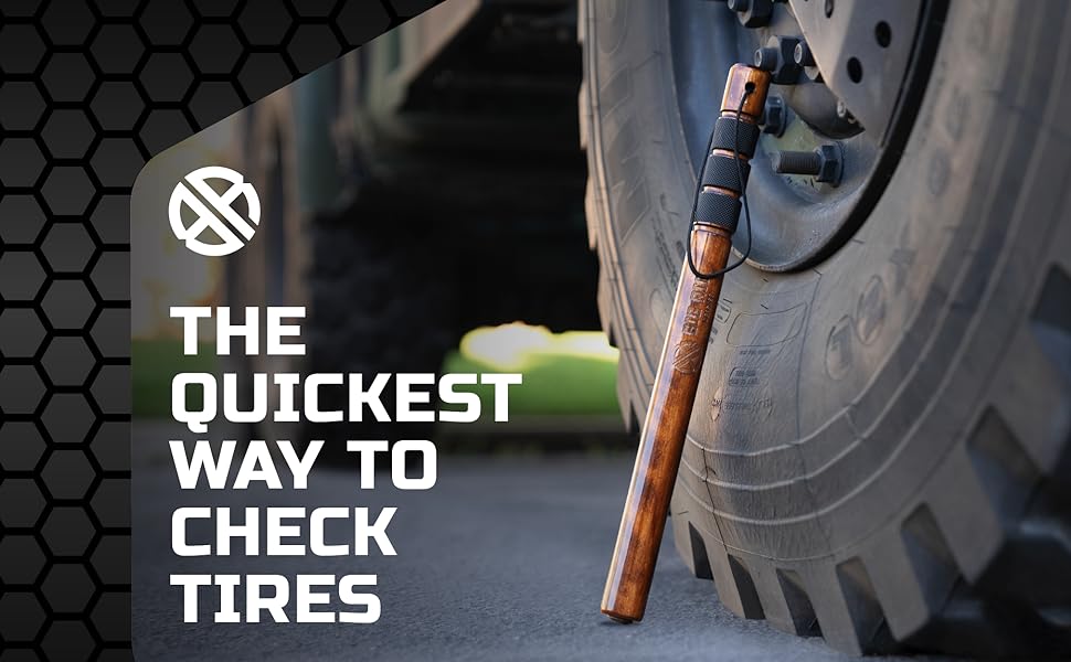 A stick that will check tire pressure next to truck wheels. Text reads: "Check tires quickly."