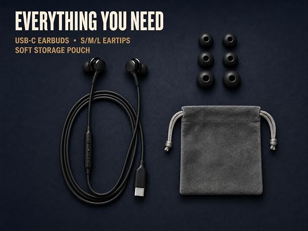 Black USB-C wired earbuds with six S/M/L silicone eartips and a soft grey drawstring storage pouch