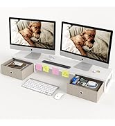 Dual Monitor Stand Riser with 2 Drawers - 39Inch Large Storage Computer Monitor Stands for 2 Moni...
