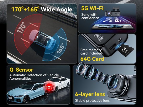 Dual Dash Cam Front and Rear: 4K+2.5K Dash Camera for Cars Built-in 5G WiFi APP Control &amp;amp; Free 64GB