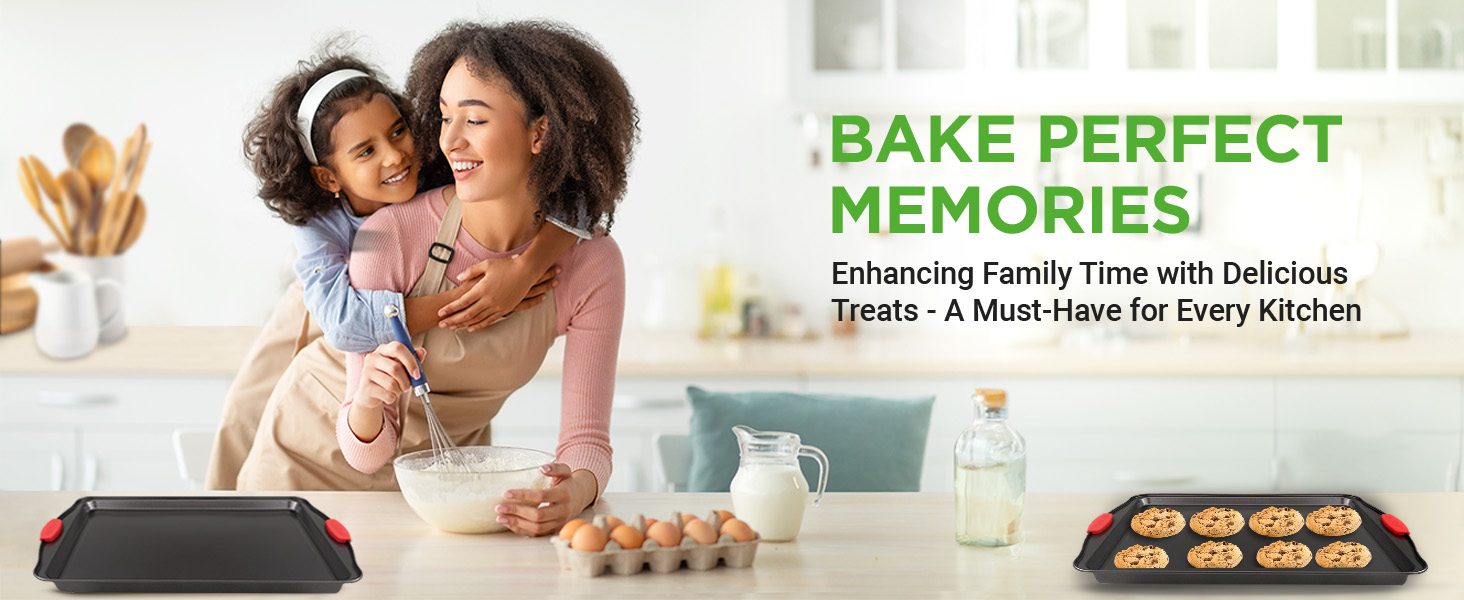 mother and daughter enjoying family baking time with cookie sheets for baking on kitchen counter