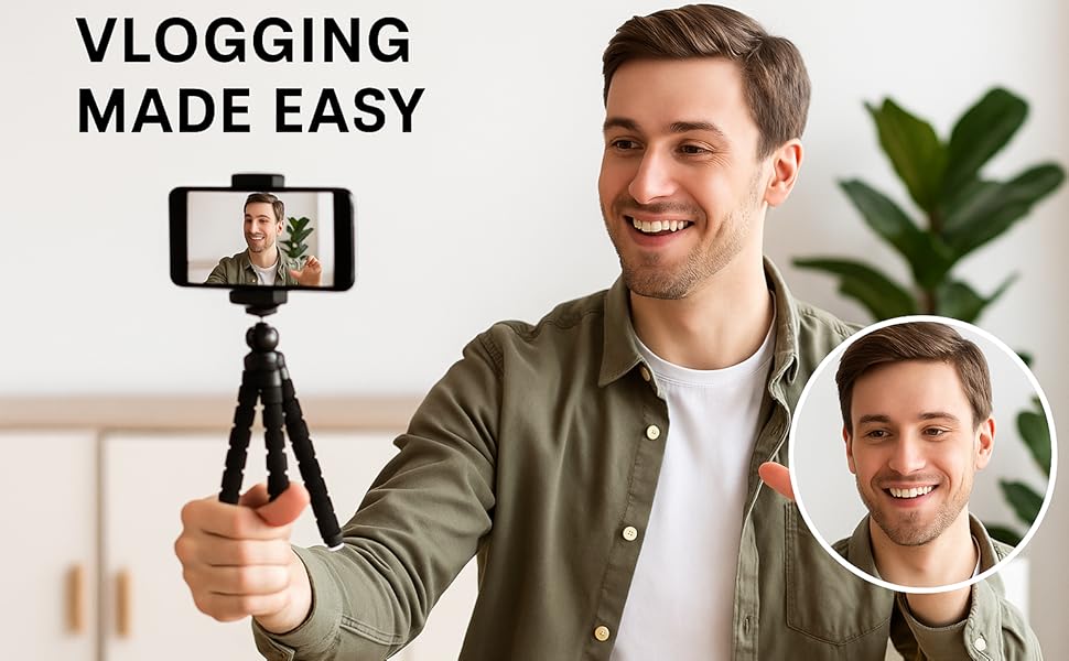 Man smiling while vlogging using a smartphone on a flexible tripod, “Vlogging Made Easy