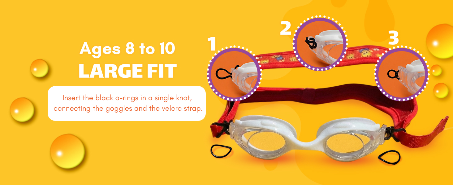 Daniel&amp;#39;s Tiger swim goggle strap adjusted for a large fit for kids ages 8 to 10