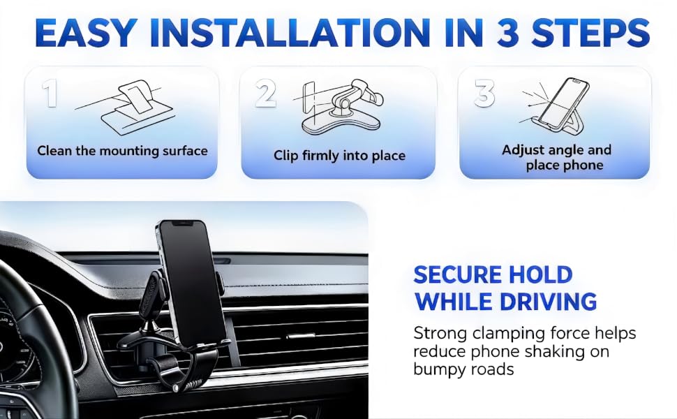 Simple 3-step installation, strong clamping force, effectively reduce shaking on bumpy roads